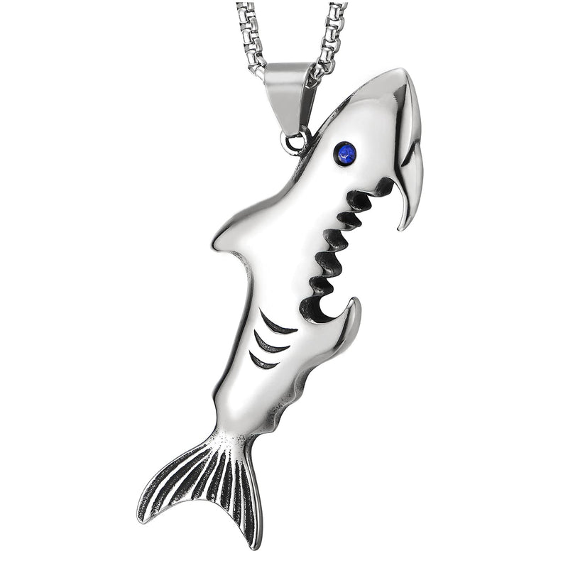 Mens Womens Steel Shark Sea Fish Bottle Opener Pendant Necklace with Blue Cubic Zirconia Eyes