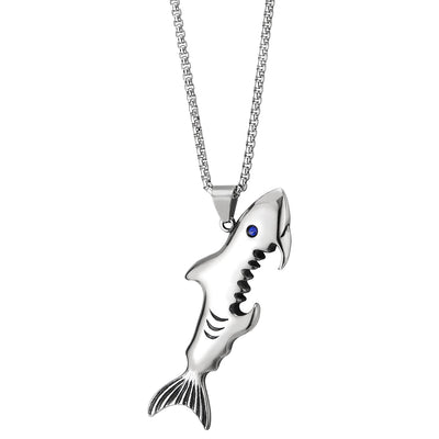 Mens Womens Steel Shark Sea Fish Bottle Opener Pendant Necklace with Blue Cubic Zirconia Eyes