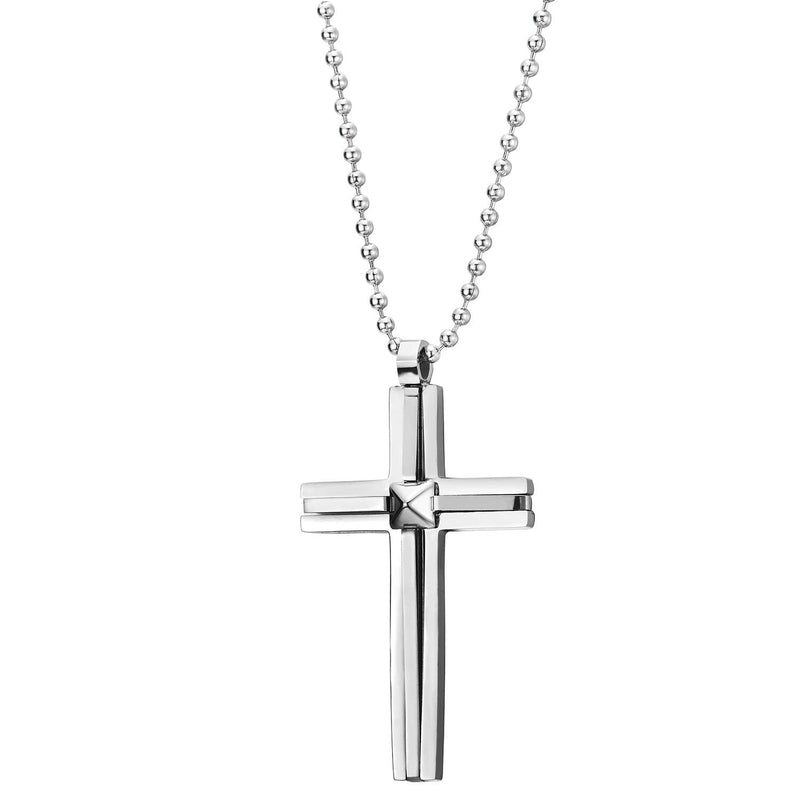 Minimalist Mens Womens Steel Pyramid Cross Pendant Necklace with 30 inches Ball Chain, Two-layers - coolsteelandbeyond