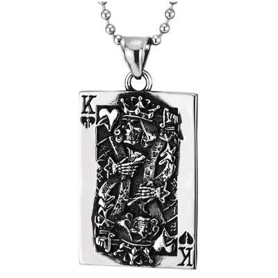 Steel Vintage Convex Spade King Card Poker Pendant Necklace with Tribal Tattoo Graphic, Two-sided